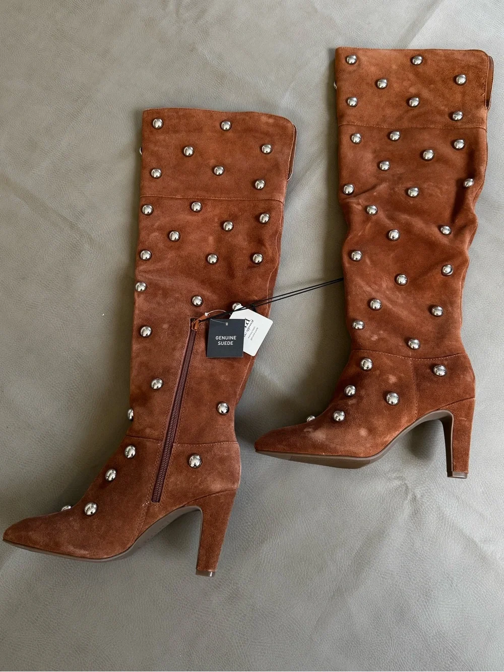 Genuine Suede Over-the-Knee Silver Studded Tan Boots Western Festival Chic Sz 8